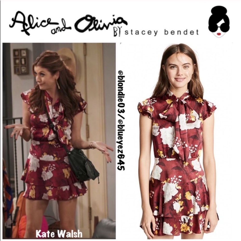 Alice + Olivia Lashay Ruffle Dress Size 4 Red Floral Mini Dres Bow Tie Neck Silk
